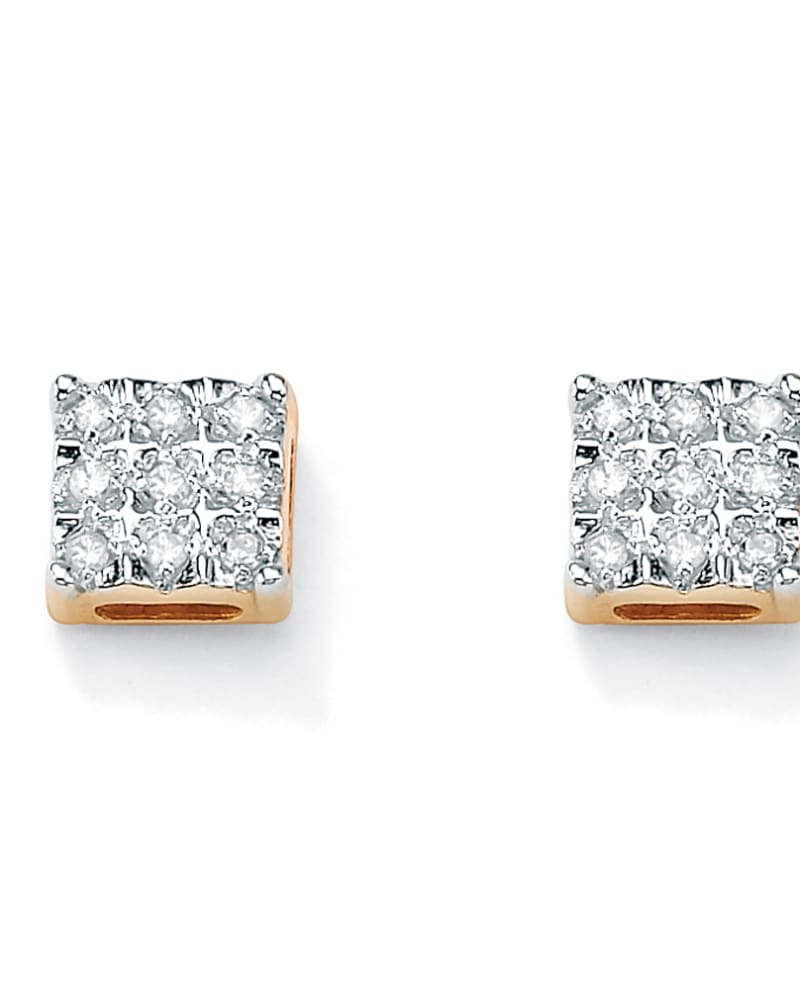 Front of a size One Size 1/7 TCW Round Diamond 10k Yellow Gold Square-Shaped Stud Earrings in White by PalmBeach Jewelry. | dia_product_style_image_id:286016